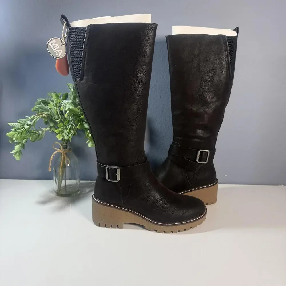 MIA Women's Black Knee-High Buckle Boots‎ with Lug Sole Size 6